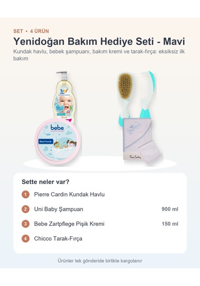 Yenidoğan Bakım Hediye Seti 4 Parça: Kundak Havlu + Şampuan + Pişik Kremi + Tarak-fırça - Mavi