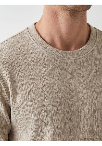 Lcwaıkıkı Classic Bej Bisiklet Yaka Dokulu Erkek Sweatshirt
