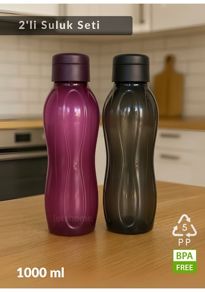 2 Li Su Şişesi Seti 1000 Ml Matara, Bpa Free, Ev-iş-spor İçin Siyah-mürdüm Pp-5 Siyah - Mor