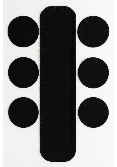 Morlay 7 Parça Fırfırlı Sofra Sunum Seti 6 Adet Amerikan Servisi Supla + 1 Adet Fırfırlı Runner - 40x110 Cm Siyah