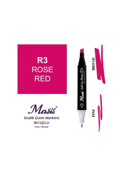 Çift Uçlu Marker Grafik Çizim Kalemi 3 Gül Kırmızı