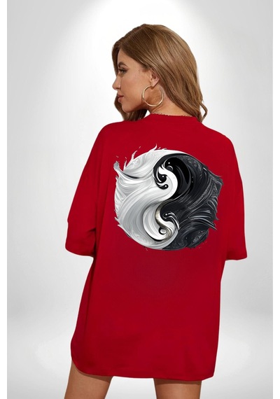 Siyah Beyaz Ying Yang Kırmızı Oversize Unisex Ön Ve Sırt Baskılı Tişört Kırmızı