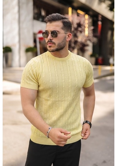 Veraura Lifestyle Erkek Örgü Desen Bisiklet Yaka Triko Tişört - %100 Pamuk Akrilik Açık Sarı