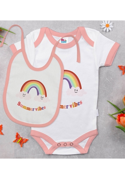 Bk Kids Summer Vibes Tasarımlı Pembe Bebek Body Zıbın Ve Mama Önlüğü Hediye Seti-2 Çok Renkli