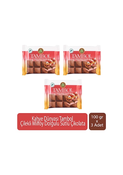 Kahve Dünyası Tambol Çilekli Milföy Dolgulu Sütlü Çikolata 100 Gr X 3 Adet