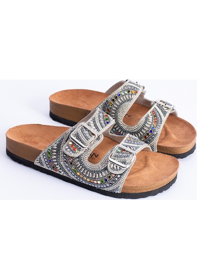 Polomia Comfort Sahra Kadın Anatomik Eva Taban Konfor Taş Pırlanta İşlemeli Çift Bantlı Tokalı Günlük Sandal Terlik Gümüş
