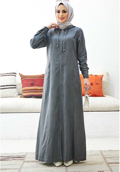 Neways 6463-Kapşonlu Denim Ferace Gri
