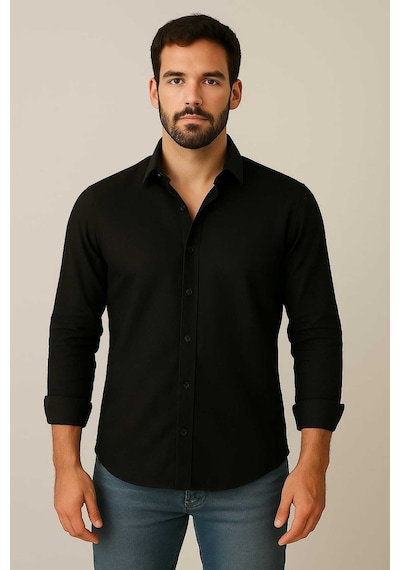Bürke Sofya Keten Dokulu Uzun Kollu Siyah Yarım Oversize Erkek Gömlek