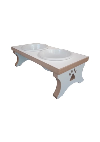 Kedi & Köpek Mama Standı - Ahşap Mdf - Ikili Beyaz Sabit Ayak - Seramik Beyaz Kase - 14cm - 400ml