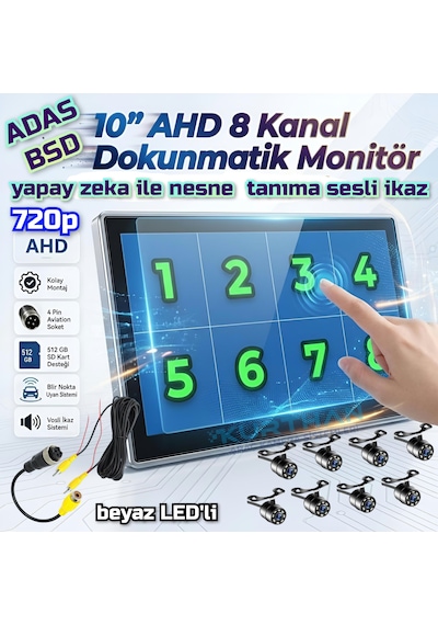 8 Adet Beyaz Ledli Ahd 720p Kelebek Kamera 10 İnç 8 Ch Dokunmatik Ekran 512 Gb Dvr Adas Bsd 12 Volt
