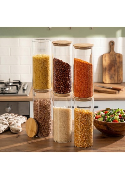 3-3 Bambu Vakumlu Kapaklı Yuvarlak Cam 6lı Kavanoz Seti Saklama Kabı 1650ml 10x25cm Diğer