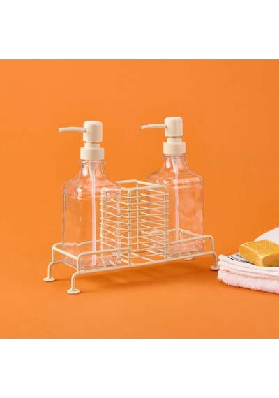 Arow Cream 2'li Metal Stantlı Cam Sıvı Sabunluk - Şeffaf / Krem - 200 Ml Şeffaf / Krem