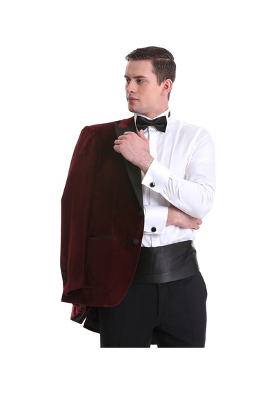 Hatemoğlu Bordo Slim Fit Düz Sivri Yaka Kadife Klasik Smokin Damatlık 3312 Bordo
