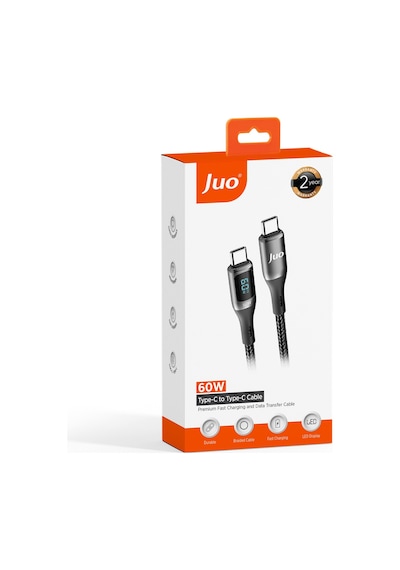 Juo 60W Dijital Led Ekranlı Örgülü Usb Type-c To Type-c Hızlı Şarj ve Data Kablosu 1M