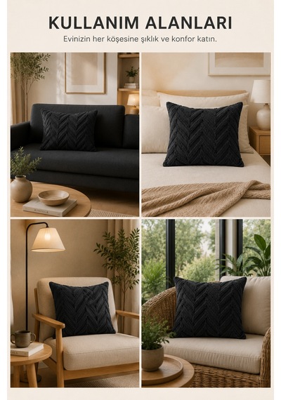 Wellsoft Dekoratif Kırlent Kılıfı 45x45 Ve 30x50 Peluş Koltuk Kanepe Yastık Kılıfı Antrasit 45 x 45