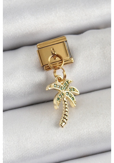 316l Çelik Sallantılı Zirkon Taşlı Palmiye Ağacı Model Gold Renk Nomination Charm Altın