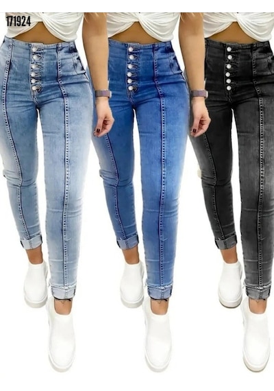 Valensdesign Kadın Yüksek Bel Önden Düğmeli Jean Pantolon Lacivert