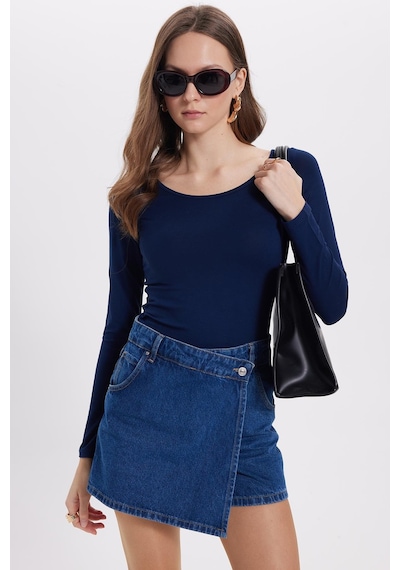 Tudors Kadın Slim Fit Dar Kesim Uzun Kollu Viskon Lacivert Bluz-35206 Lacivert