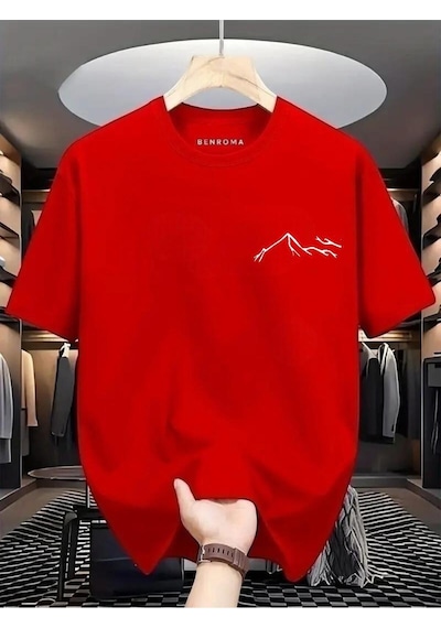 Beyaz Dağ Baskılı Oversize Tişört Kirmizi