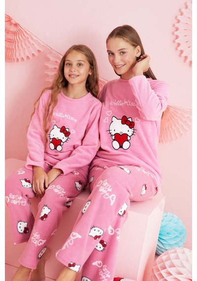 Siyah İnci Lisanslı Polar Çok Renkli Nakışlı Bisklet Yaka Pijama Takım Hk311 Pembe
