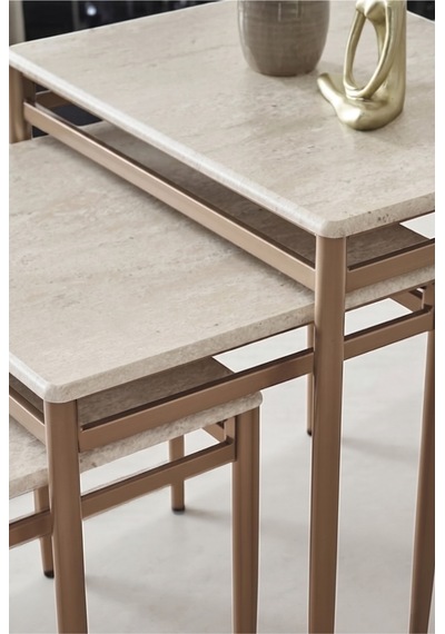Traverten Desen Membran Kaplama 3'lü Zigon Sehpa Takımı Cappuccino Metal Ayaklı Modern Sehpa Seti