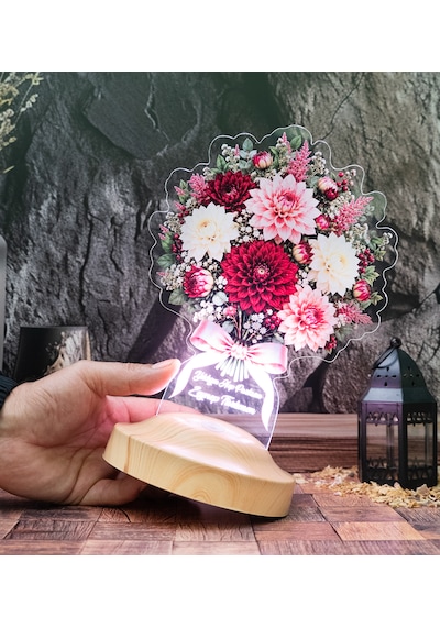 Dahlia Yıldız Çiçeği Buketi Led Lamba, Kişiye Özel Işıklı Solmayan Çiçek İsimli Kadına, Doğum Günü Hediyesi Dahlia Yıldız Buketi