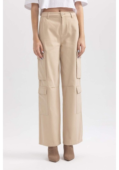 Defacto Coool Straight Fit Geniş Paça Yüksel Bel Kargo Cepli Gabardin Pantolon B1450ax23aubg159 Bej