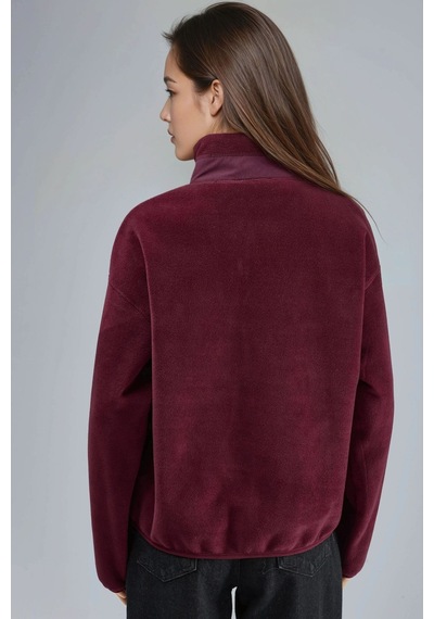 Hiccup Busem Fermuarlı Yakalı Peluş Örme Sweatshirt, Cepli Bordo Kırmızı