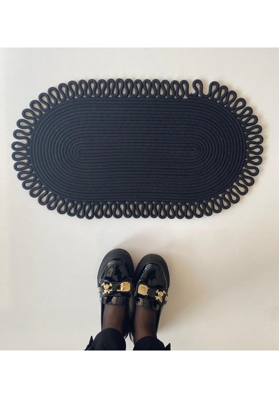 Jüt Kenarları Desenli Oval Paspas 45 X 75 Siyah