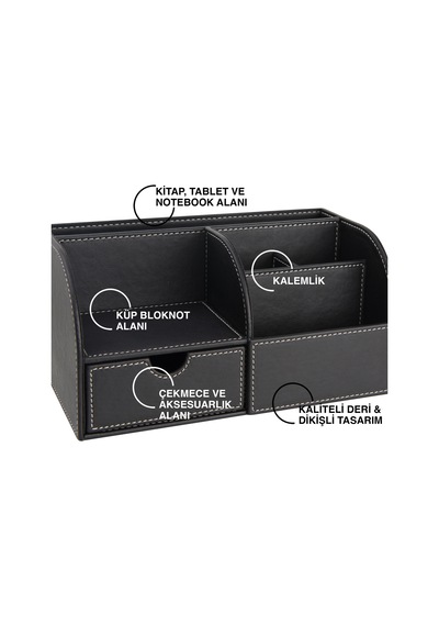 Masa Üstü Düzenleyici,kalemlik,kumandalık,küpbloknotluk,tabletlik,kitaplık,6 Gözlü,çekmeceli,desktop Organizer,vegan,24,5 13 12 Siyah