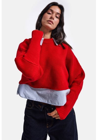 Kadın Kırmızı W6-19 Oversize Tek Parça Gömlek Yaka Detaylı Tasarım Triko Kazak