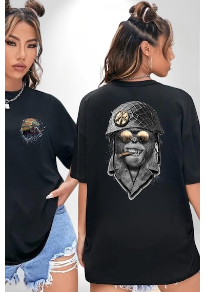 Asker Goril Komutan Siyah Oversize Unisex Ön Ve Sırt Baskılı Tişört Siyah