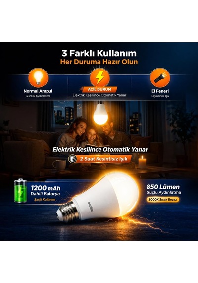 Ecolite Şarjlı Led Acil Durum Ampulü 9w E27 Sarı