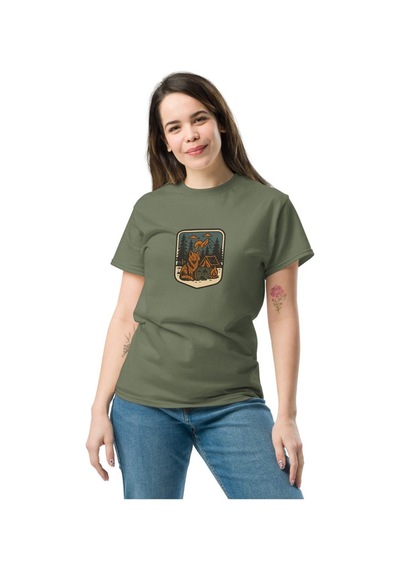 Wildstyle Tilki Renkli Vintage Yaban Hayat Doğa Orman Rozet Baskılı Unisex Bisiklet Yaka Pamuklu Tişört Haki