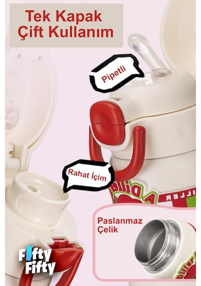 Dıller 600 Ml Tek Kapak Çift Kullanım Pipetli/pipetsiz Taşıma Kulplu Vacum Cup/çelik Termos -ffdıllerd9238 Çok Renkli
