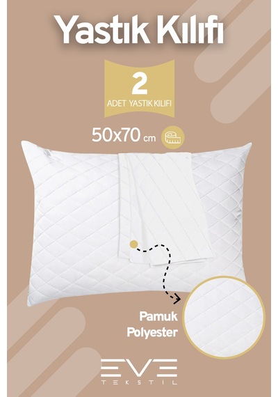 Eve Tekstil 2 Adet Diamon Kapitone Antibakteriyel Fermuarlı Yıkanabilir Otel Lüks Yastık Kılıfı 50x70cm Beyaz