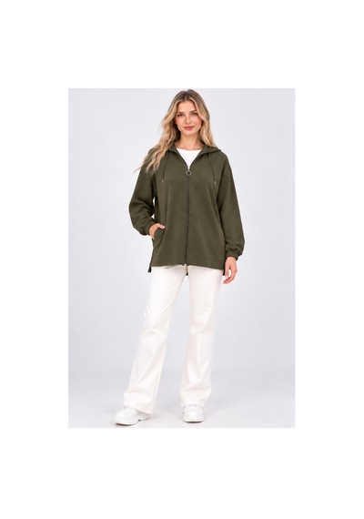 Fiolin Kristal 2 İplik Salaş Fermuarlı Sweatshirt Haki