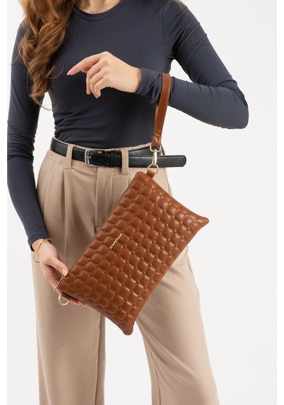 Sanmorris Kadın Suni Deri Taba Renkli Ayarlanabilir Çapraz Ve El Askılı Portföy, Clutch Çanta Taba