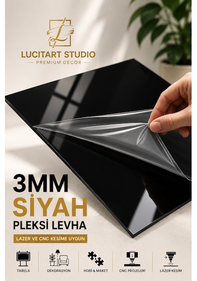 Siyah Pleksi Levha 2.8-3mm Parlak Yüzeyli Akrilik Pleksiglas Mika Dekorasyon, Hobi Ve Tabela Kullanımı Lazer Ve Cnc Kesime Uygun Çeşitli Ebatlar
