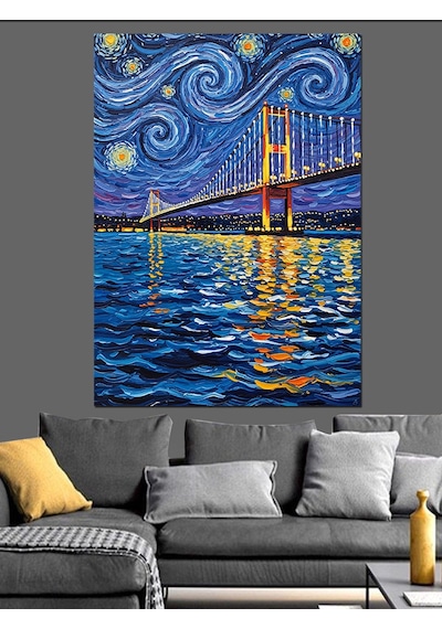 Van Gogh Yıldızlı Gece Köprü Soyut Dekoratif Kanvas - Mdf Ahşap Tablo