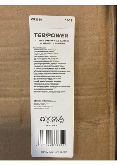 Tgb CR2025 3V Lityum Düğme Pil 5'li