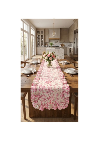 %100 Pamuk Özel Desenli Fırfırlı Runner 40x150 Pembe - 900648143 Pembe