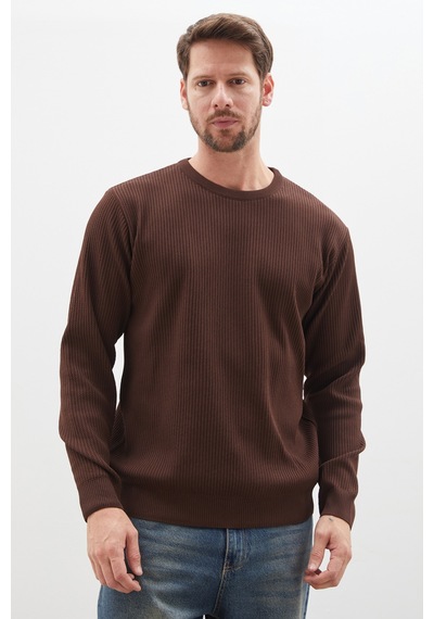 Fullamoda Waffle Dokulu Bisiklet Yaka Regular Fit Triko Kazak Kahve