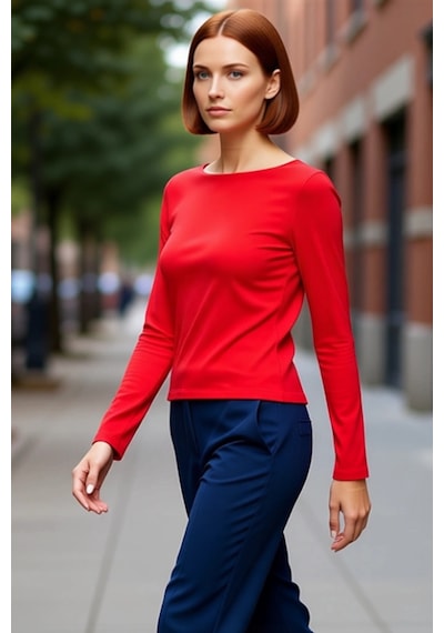 Frm Kadın Moda Şık Üst Giyim Crop Kayık Yaka Slim Kalıp Örme Pamuklu Kırmızı