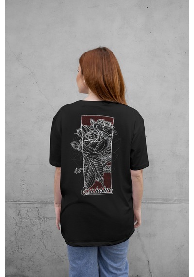 Spoyi Line Rose Tasarımlı %100 Pamuk Yarım Oversize Siyah T-shirt