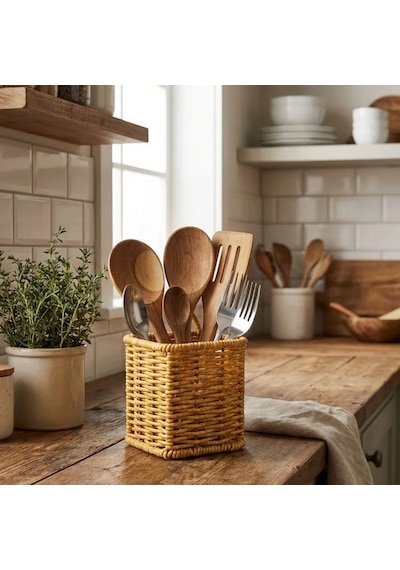 Kare Hasır Dokulu Plastik Rattan Kaşıklık & Çatallık Askılı Kendiliğinden Tutmalı Çok Amaçlı Mutfak Org Belirtilmemiş