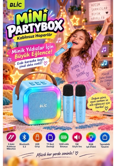 Blic Bls-97 Partybox Çift Kablosuz Mikrofonlu Rgb Led Işıklı Taşınabilir Bluetooth Karaoke Hoparlör Mavi-14929