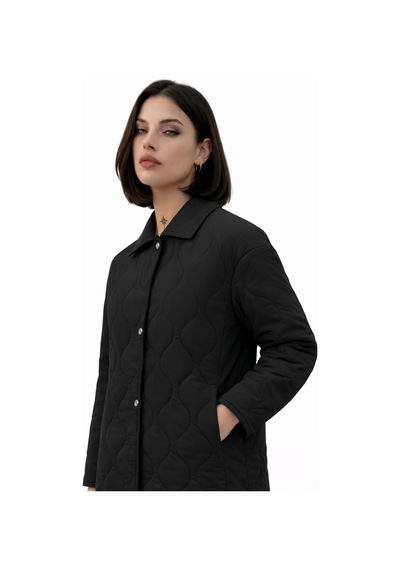 Kadın Desenli Çıtçıtlı Çift Cepli Oversize Kapitone Ceket-391 Siyah