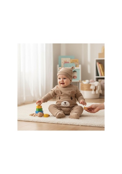 Altıntaş Baby Kulaklı Ayıcık Nakışlı Bereli Erkek Bebek Fitilli Tulum Bej Bej