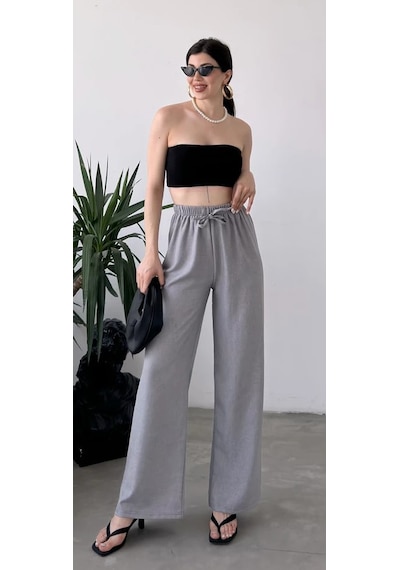 Blue Trend Kadın Düz Renk Keten Bel Lastikli Bol Paça Pantolon Gri
